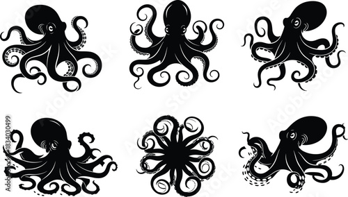 Octopus silhouette collection, marine animal vector, black sea creature icons, tentacle design set, ocean wildlife art, underwater illustration pack