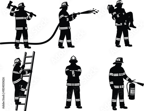 Firefighter silhouette vector, emergency rescue, fire hose, ladder climb, axe, fire extinguisher, rescue carry, black background, gear, bravery