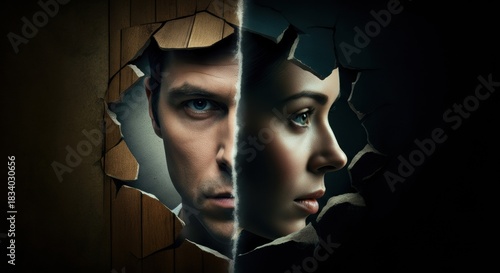 Man and woman peer through a shattered wall, revealing tense duality and mystery