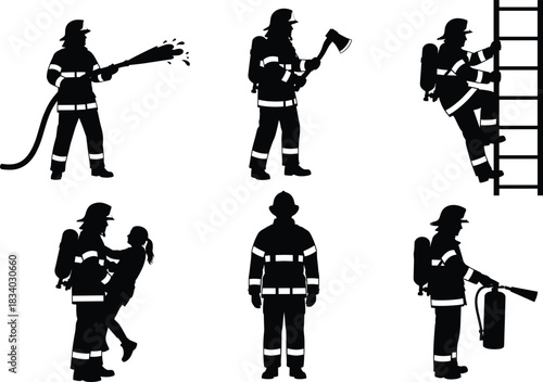 Firefighter silhouette vector, emergency rescue, fire hose, ladder climb, axe, fire extinguisher, rescue carry, black background, gear, bravery