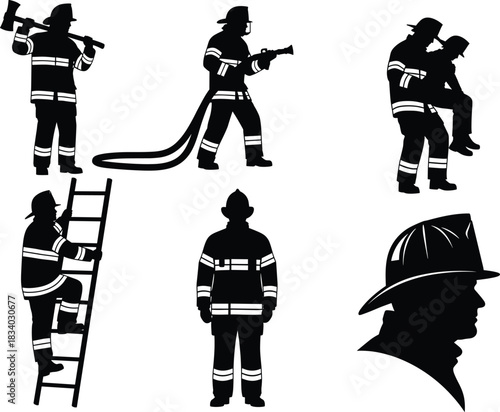 Firefighter silhouette vector, emergency rescue, fire hose, ladder climb, axe, rescue carry, helmet profile, black background, gear, bravery