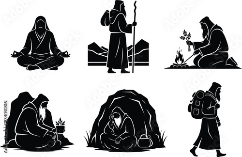 Hermit nature illustration, monk silhouette, cave meditation, fire tending, plant holding, spiritual journey, walking pose, vector art, solitude, wilderness