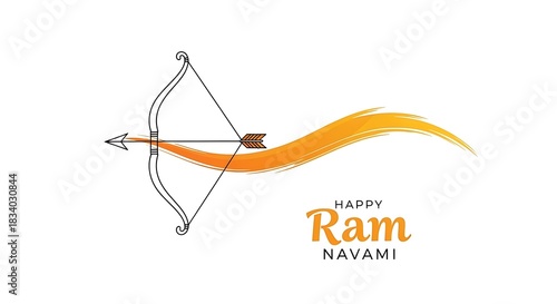Illustration of bow and arrow with orange streak for happy ram navami celebration on white background