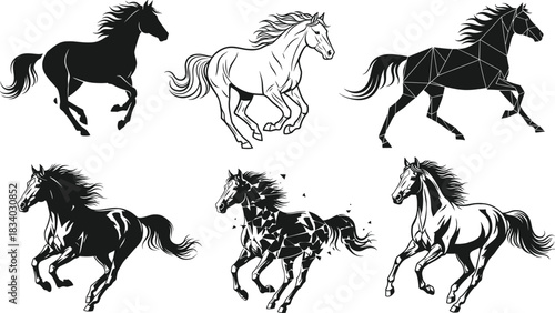 Horse illustration set, galloping horse designs, black and white vector, geometric horse, stylized equine art, motion silhouette graphics