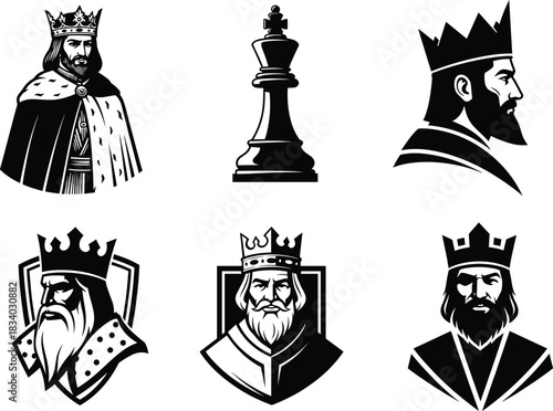 King silhouette illustration, crown, robe, chess piece, royal profile, regal pose, vector art, black and white, stylized, monarch