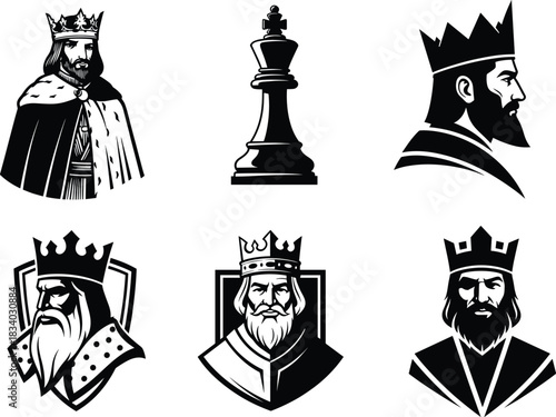 King silhouette illustration, crown, robe, chess piece, royal profile, throne pose, vector art, black and white, stylized, regal