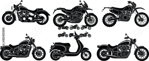 Motorcycle silhouette set, scooter icons, cruiser bike, sport motorcycle, chopper vector, dirt bike, black transport illustration