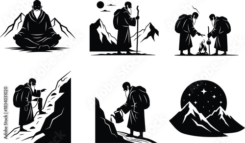Mountain monk illustration, spiritual journey, campfire scene, plant care, cave meditation, walking pose, nature solitude, vector art, robe, staff