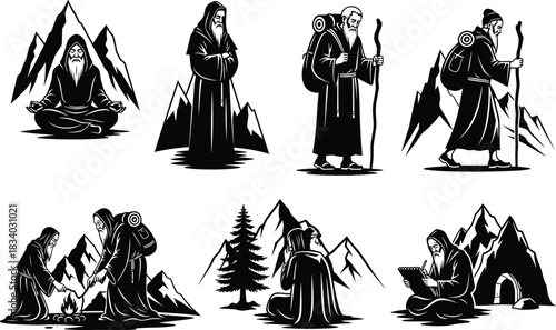 Mountain monk illustration, spiritual journey, campfire scene, cave solitude, meditation pose, writing figure, nature connection, vector art, robe, staff