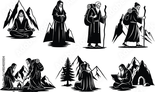 Mountain monk illustration, spiritual journey, campfire scene, writing pose, meditation, walking figure, nature solitude, vector art, robe, staff