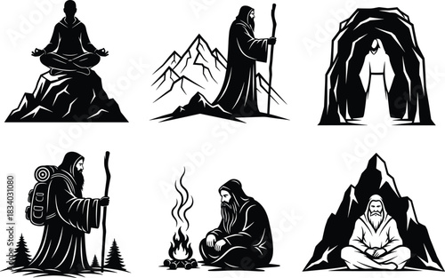 Mountain monk illustration, spiritual journey, lantern walk, cave meditation, campfire scene, nature solitude, vector art, robe figure, staff, wilderness