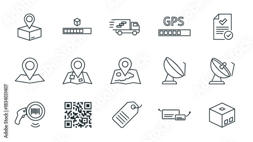 Outline logistics delivery tracking icons set gps location barcode scanner shipping document antenna and package
