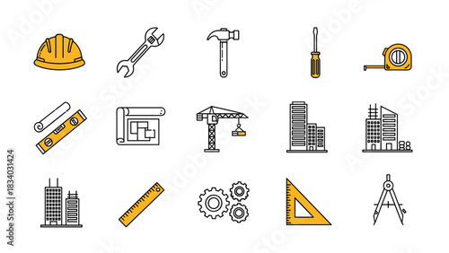 Construction engineering tools and equipment vector illustration for architecture and building design projects