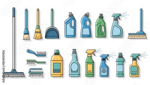 Assorted household cleaning supplies and equipment for effective home hygiene and sanitation tools set