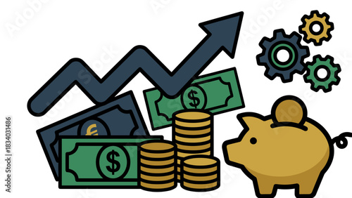 Financial growth and investment strategy for wealth management and savings with piggy bank and gears concept