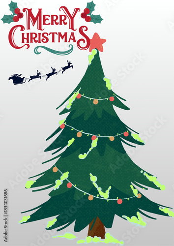 Merry Christmas greeting illustration with festive tree and Santa silhouette