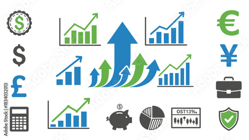 Financial growth chart business investment strategy graph stock market analysis currency symbols and icons set