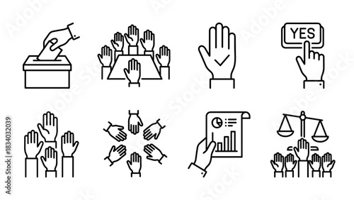 Election voting democracy vote ballot box hands raised yes scales justice participation process