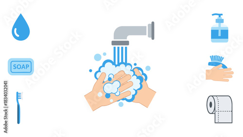 Illustration of hygiene practices including handwashing soap dispenser and toothbrush for health