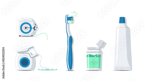 Oral hygiene essentials toothbrush toothpaste and dental floss for healthy teeth and gums routine care