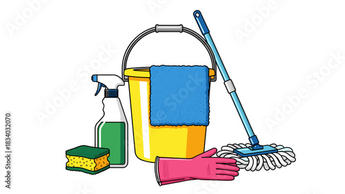 Essential cleaning supplies for home maintenance and hygiene including mop bucket and spray bottle usage