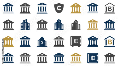 Collection of financial institutions and banking symbols representing economy investment and security asset