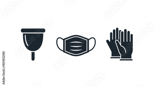 Illustration of menstrual cup, face mask, and gloves for personal hygiene and protection against germs