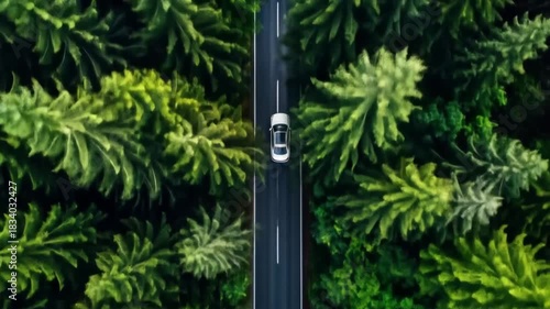 Aerial View of a Car Driving on a Road Surrounded by a Lush Green Forest Environment