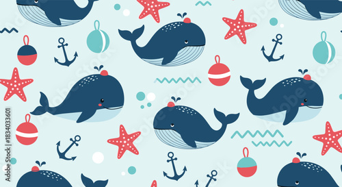 A cute and playful seamless nautical pattern with cartoon whales, red starfish, anchors, and buoys on a light blue sea background.