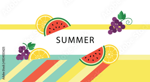 A fresh and modern summer banner with typography, featuring slices of watermelon and lemon with grapes on a colorful striped background.