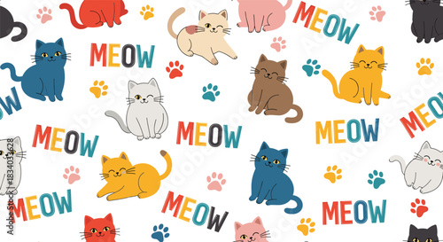 Seamless pattern with a delightful collection of colorful cartoon cats and kittens in various poses with paw prints and 'meow' text.