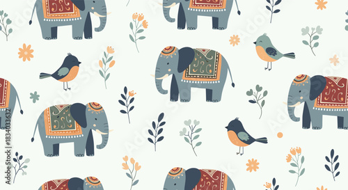 Charming seamless pattern with cute gray elephants wearing ornate saddles, little birds, and delicate flowers on a light background.