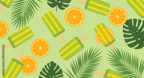 Vibrant summer seamless pattern featuring green striped popsicles, fresh orange slices, and tropical palm leaves on a light green background.
