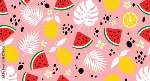 Colorful summer seamless pattern with juicy watermelon slices, bright yellow lemons, and tropical leaves on a cheerful pink background.