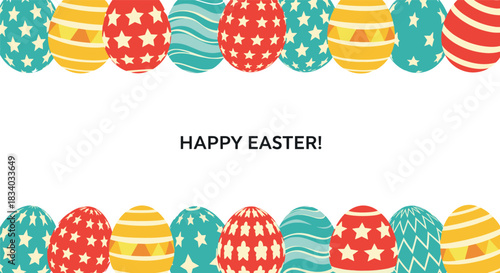 Happy Easter greeting card design featuring top and bottom borders of colorful, patterned Easter eggs on a clean white background.