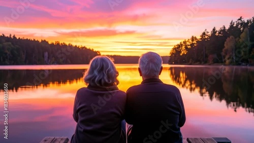 Couple Watching Sunset over Lake: A Peaceful Moment of Serenity and Reflection