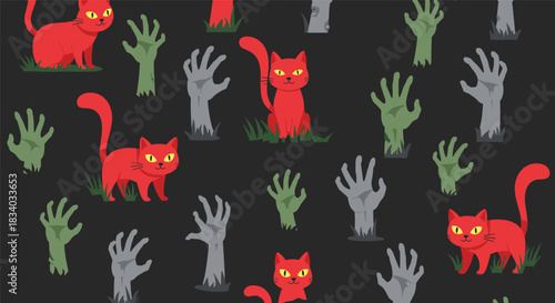 Spooky and fun Halloween seamless pattern with bright red cats and creepy green and gray zombie hands rising from graves at night.