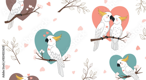 Romantic seamless pattern with cute white cockatoo birds in love, perched on branches against heart shapes on a white background.