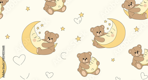Sweet dreams seamless pattern with a cute teddy bear hugging a sleeping crescent moon surrounded by stars and hearts on a beige background.