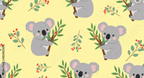 Adorable seamless pattern with cute koala bears climbing eucalyptus branches with red berries on a cheerful yellow background.