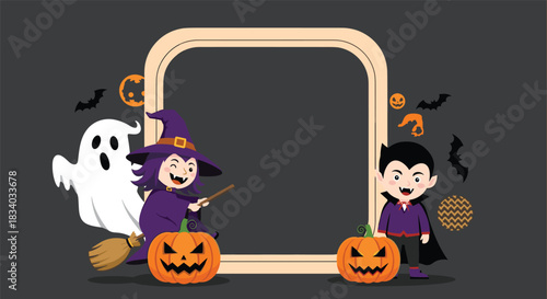 Fun Halloween illustration with a blank frame for text, featuring a cartoon ghost, a witch on a broom, and a vampire with pumpkins.