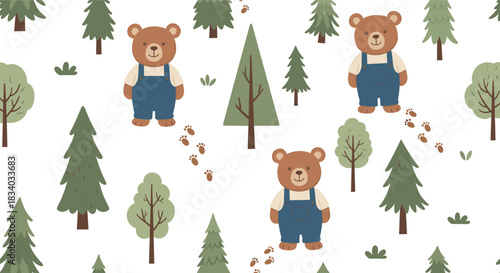 Charming seamless pattern for kids featuring a cute brown bear in blue overalls standing in a forest with green pine trees and paw prints.