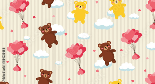 Sweet seamless Valentine's pattern with cute teddy bears floating in the sky with heart-shaped balloons among clouds on a striped background.