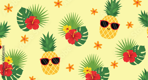 Fun and tropical seamless summer pattern with cartoon pineapples wearing sunglasses, hibiscus flowers, and palm leaves on a yellow background.