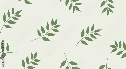 Simple, minimalist, and modern seamless pattern with scattered green leaf branches on a clean, light beige or off-white background.