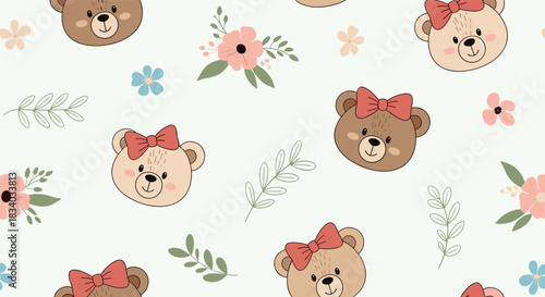 Sweet and delicate seamless pattern with the faces of girl teddy bears wearing pink bows, surrounded by flowers and leaves on a mint green background.