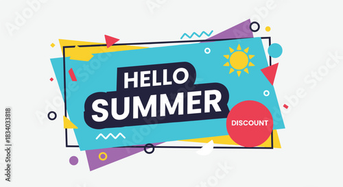 Modern and dynamic 'Hello Summer' discount banner with colorful abstract geometric shapes, perfect for sales and promotions.