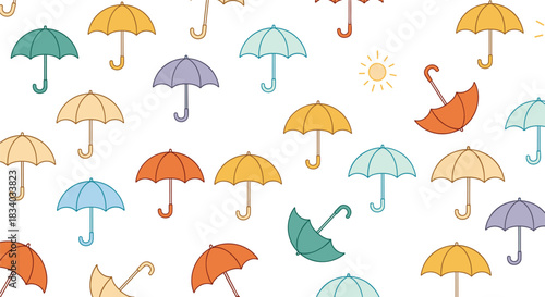 Light and cheerful seamless pattern with a variety of colorful umbrellas scattered across a white background, with a small shining sun.