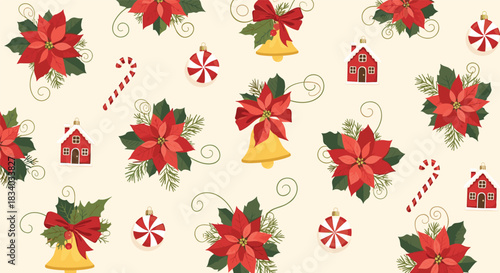 Festive and traditional Christmas seamless pattern with poinsettia flowers, jingle bells, candy canes, and cute holiday houses.