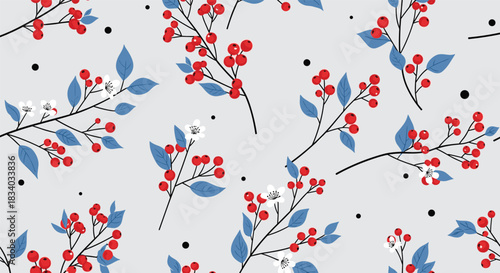 Elegant seamless pattern of winter berry branches with red berries, blue leaves, and small white flowers on a light gray background.